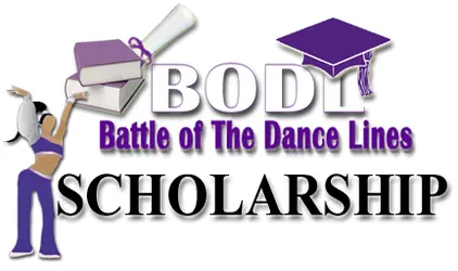 Text reads "BODY Battle of The Dance Lines SCHOLARSHIP" in a dance-themed graphic with books and a graduation cap. A silhouette of a dancer is on the left side.